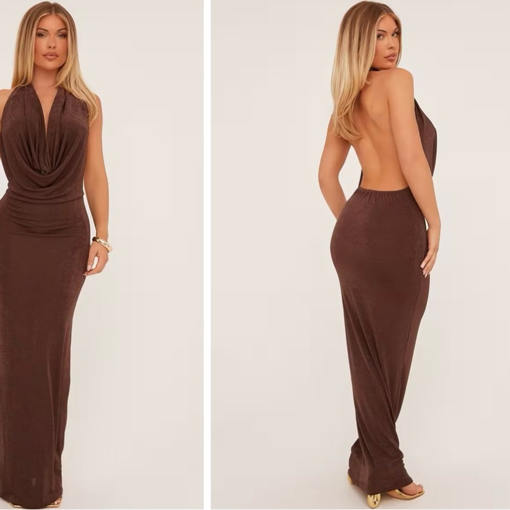 Elegant Brown Halter Maxi Dress